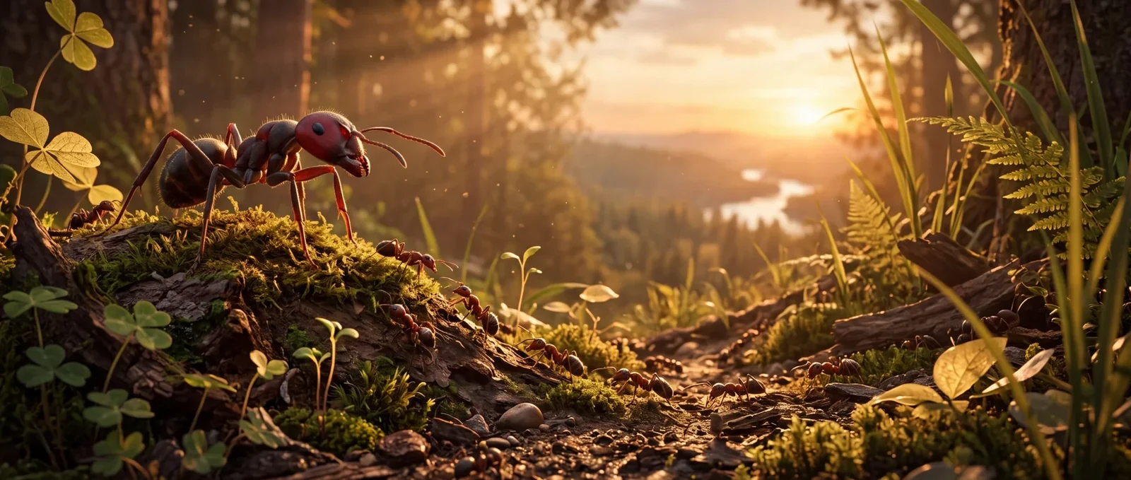 Fourmis rouges dans une forêt au coucher du soleil, univers de Kinga